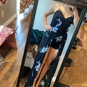 Black dress with blue and white flowers.